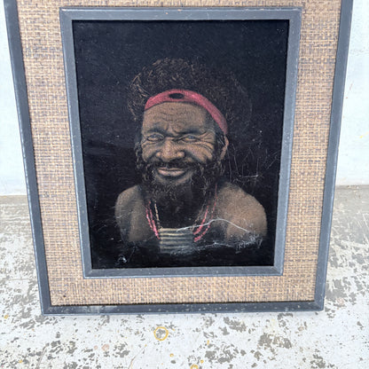 Vintage Papuan Highlander Portrait Painting in Original Hessian Frame