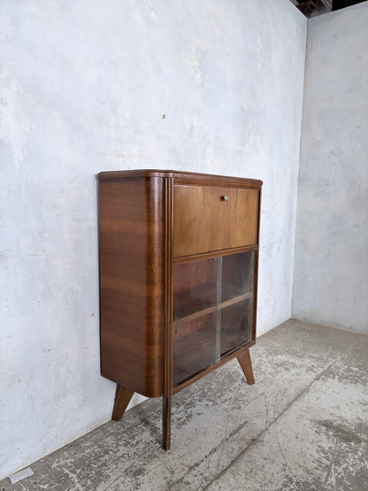 Art Deco Walnut Bureau Drinks Cabinet with Glazed Display