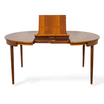 Hans Olsen Frem Røjle Teak Dining Set | Danish Mid Century Round Extending Table & 4 Tri-Leg Chairs