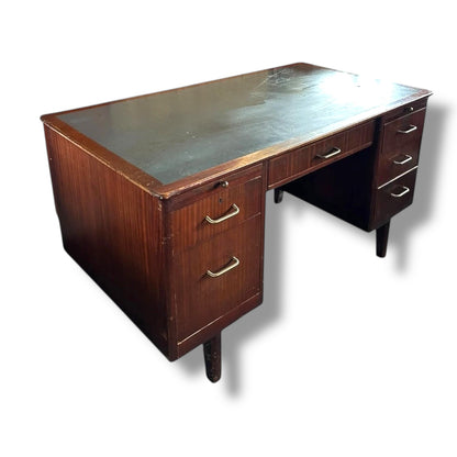 Mid Century Mahogany Desk with Blue-Grey Leather Writing Surface