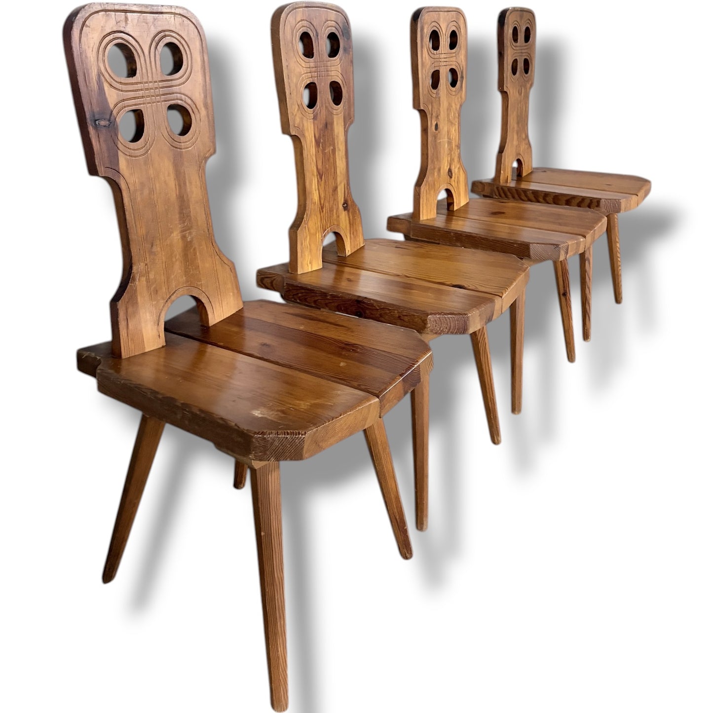 Folk Brutalist Chairs | Solid Wood Mid Century Dining Set of Four | Hand Carved