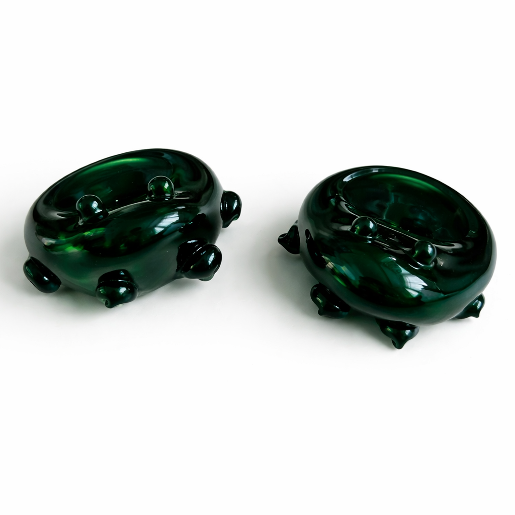 Pair of Vintage Emerald Green Glass Frog Paperweights / Tealight Holders
