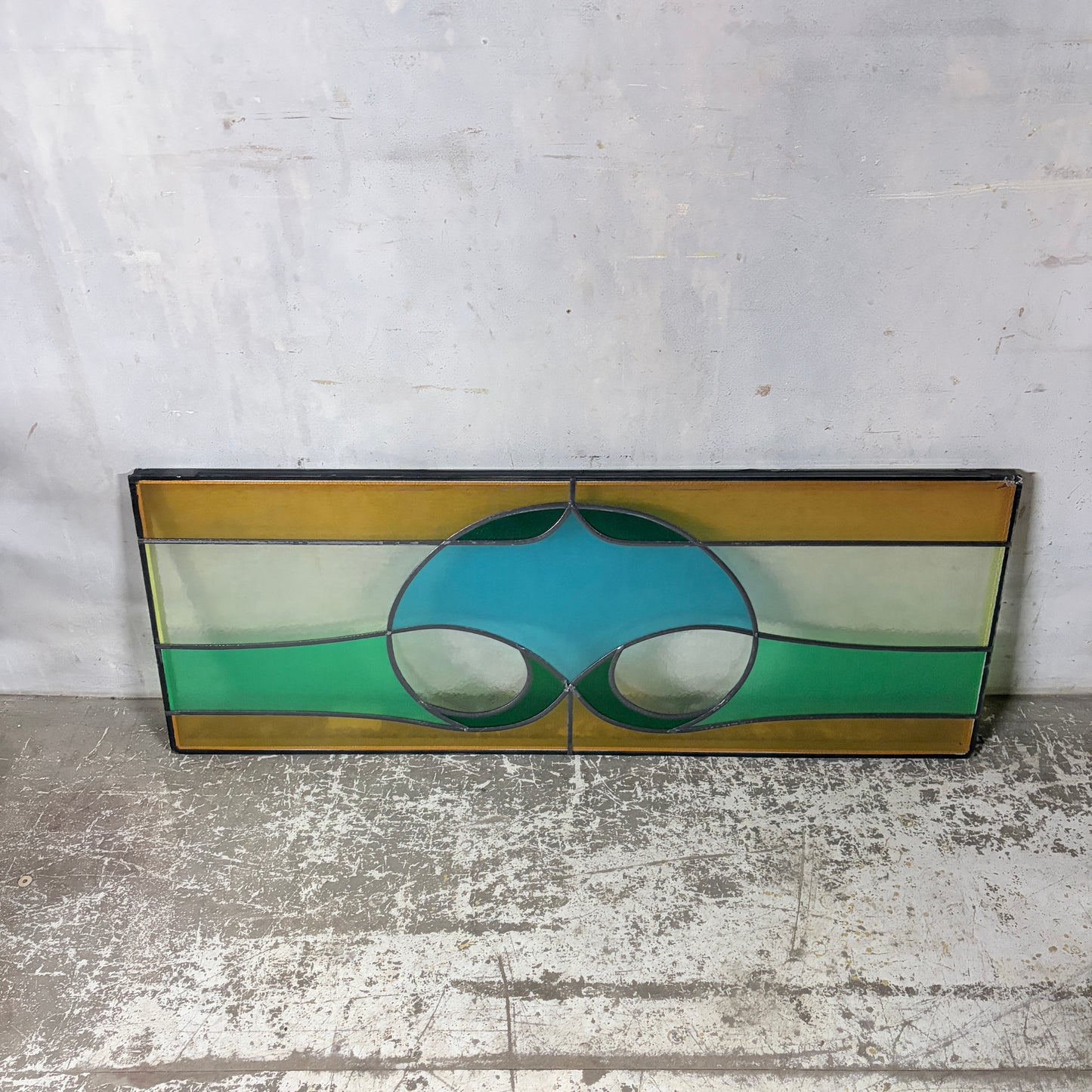 Vintage Stained Glass Window Panel – Geometric Leaded Glass in Green, Amber & Blue