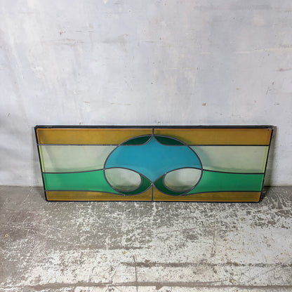 Vintage Stained Glass Window Panel – Geometric Leaded Glass in Green, Amber & Blue