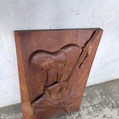 Vintage Hand-Carved Wooden Relief Wall Plaque of a Guitarist