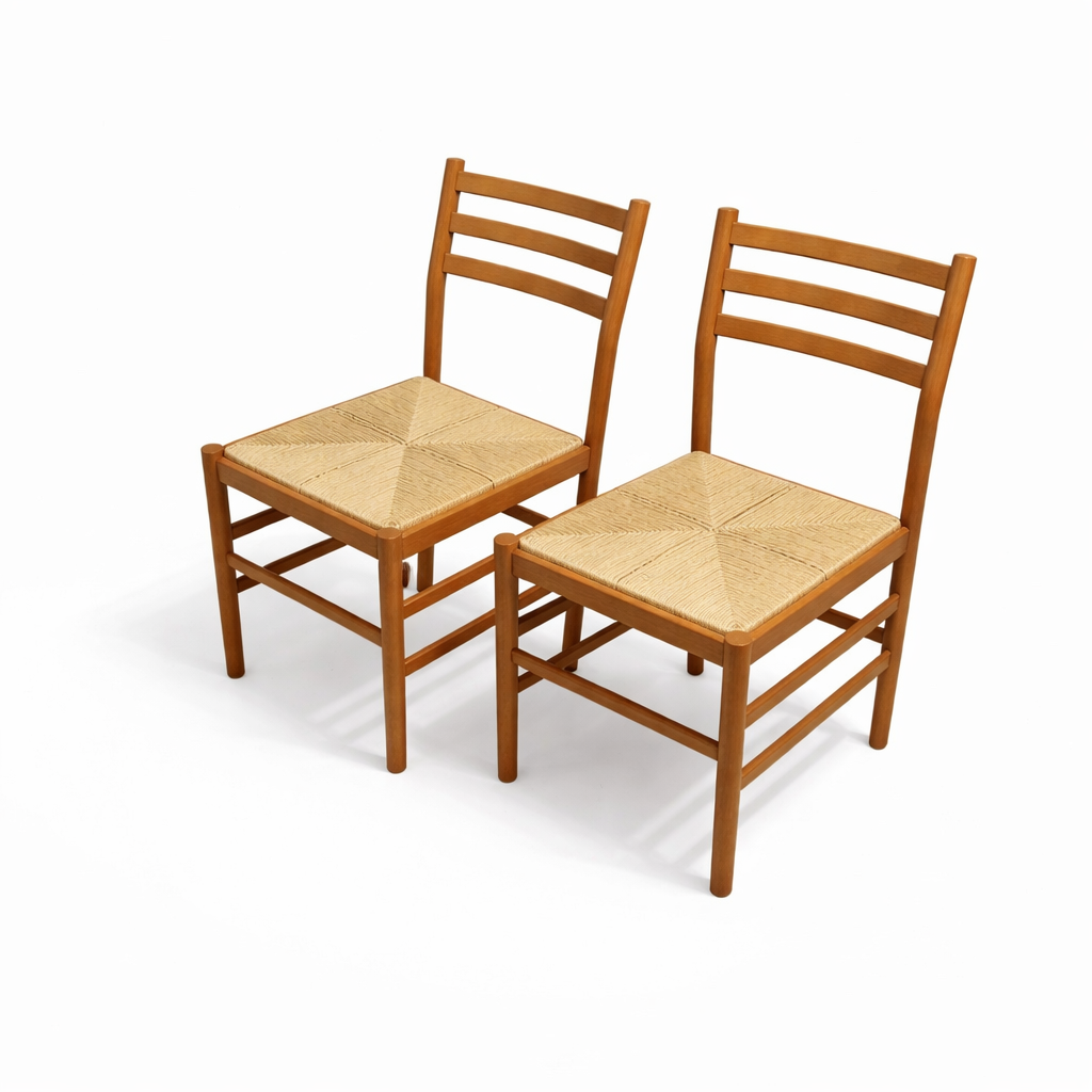 Italian Beech Dining Chairs – Set of Two Vintage Ladder Back Chairs