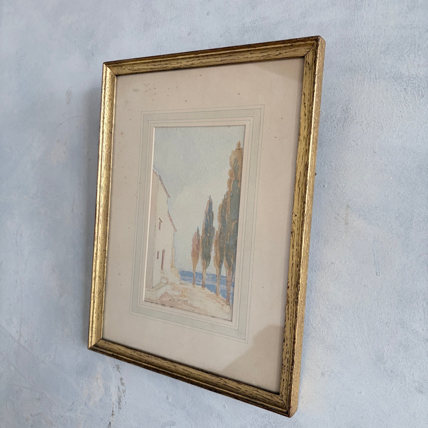 Framed Vintage Watercolour – Dreamy Coastal Scene in Gilt Frame