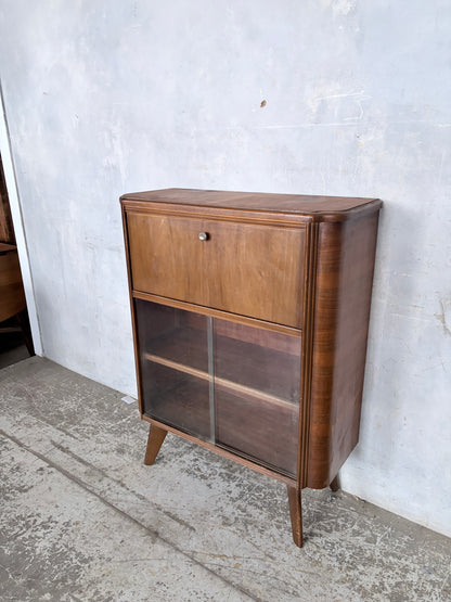 Art Deco Walnut Bureau Drinks Cabinet with Glazed Display