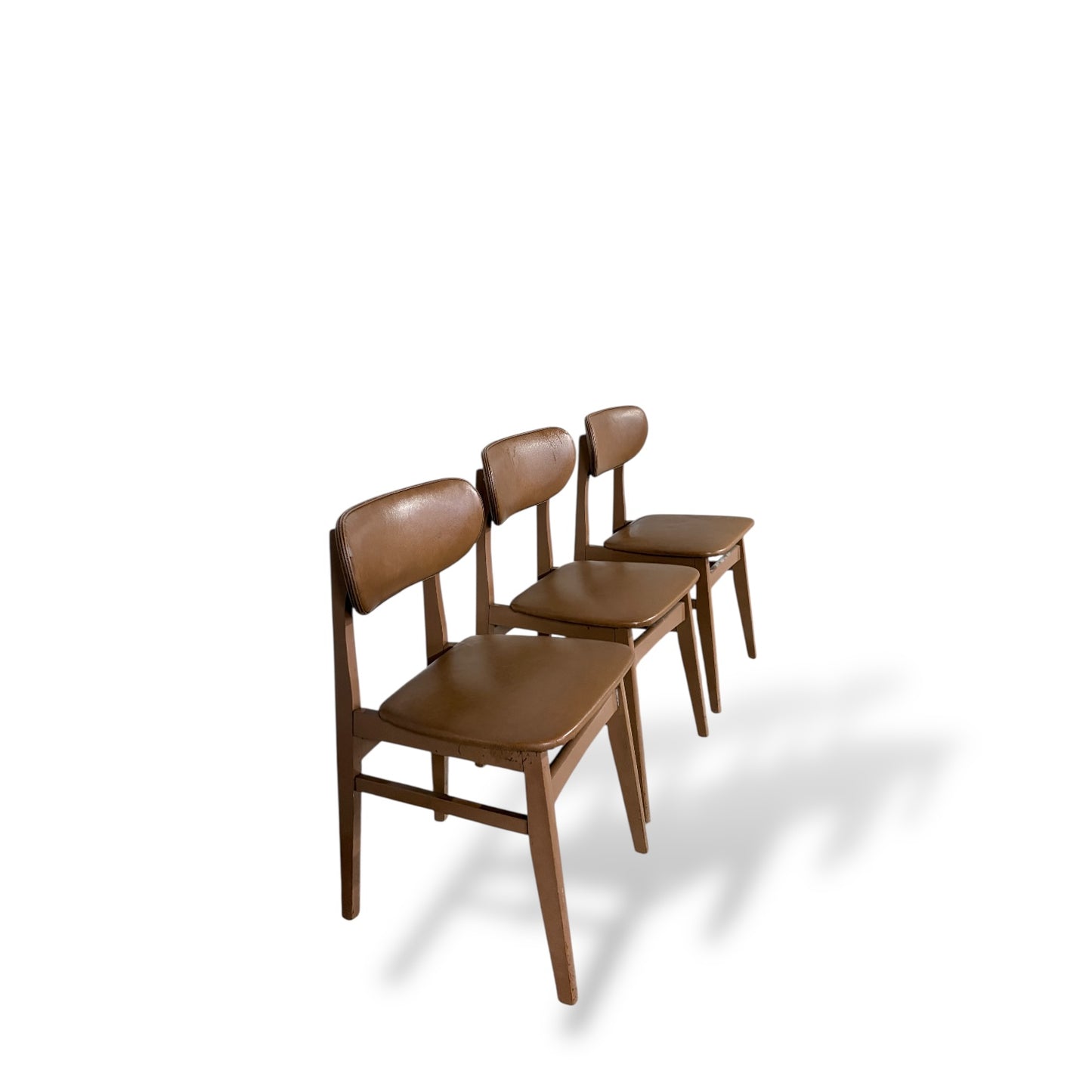 Set of Three Schreiber Dining Chairs – Mid Century Teak & Vinyl Chairs