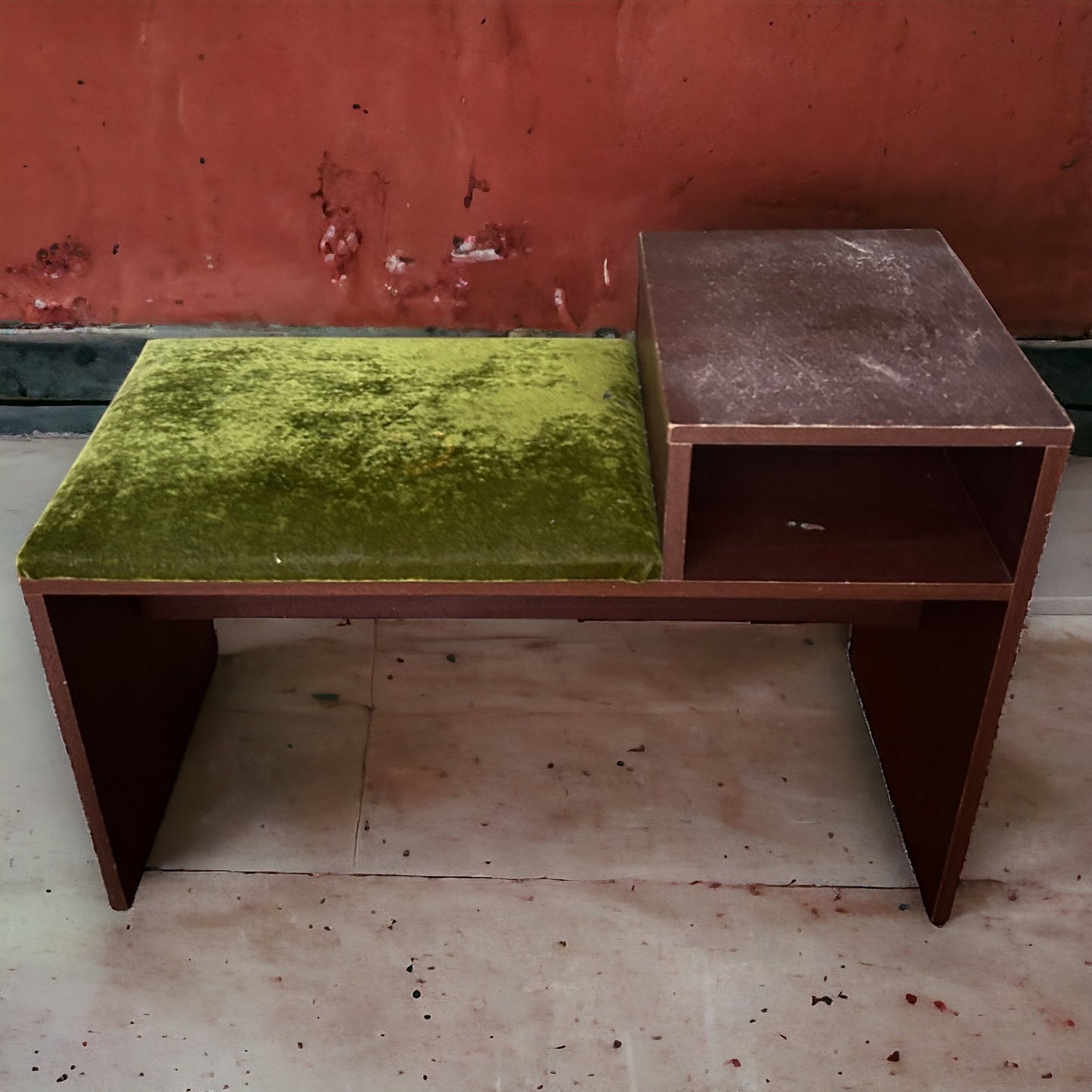 Mid Century Dark Wood and Green Telephone Seat Table