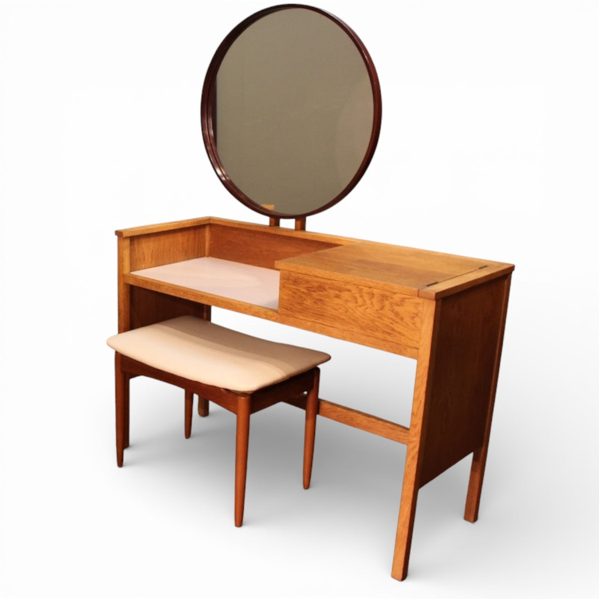 Vintage Dressing Table | Mid Century Furniture - Light Oak Vanity Desk With Hidden Storage