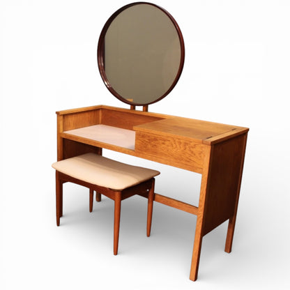 Vintage Dressing Table | Mid Century Furniture - Light Oak Vanity Desk With Hidden Storage