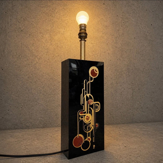 Vintage Lucite & Brass Table Lamp with Geometric Inlay – Art Deco Revival