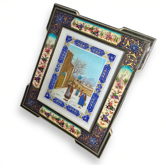 Vintage 1950s Persian Khatam Mosaic Watercolour Painting