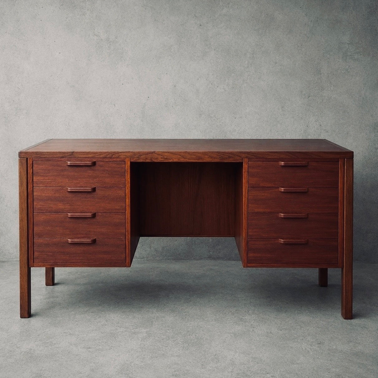 Mid Century Alfred Cox Teak and Oak Twin Pedestal Desk Eight Drawer Executive Office Desk