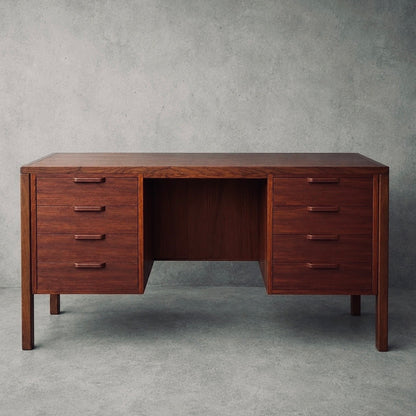 Mid Century Alfred Cox Teak and Oak Twin Pedestal Desk Eight Drawer Executive Office Desk