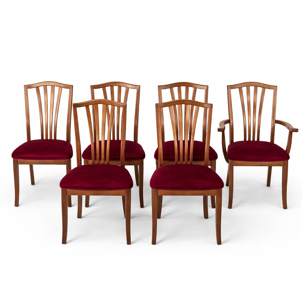 Set of 6 Vintage Teak Dining Chairs with Red Upholstery (2 Carvers + 4 Dining Chairs)