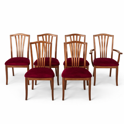 Set of 6 Vintage Teak Dining Chairs with Red Upholstery (2 Carvers + 4 Dining Chairs)