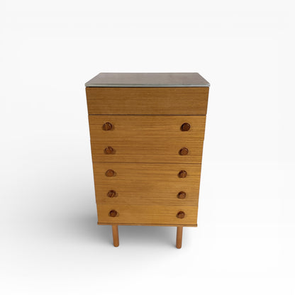 Mid-Century Teak Chest of Drawers with Lift-Up Mirror – 1960s British Vintage