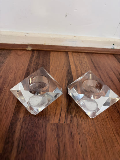 Pair of Mid Century Lucite Faceted Candle Holders – Geometric Crystal