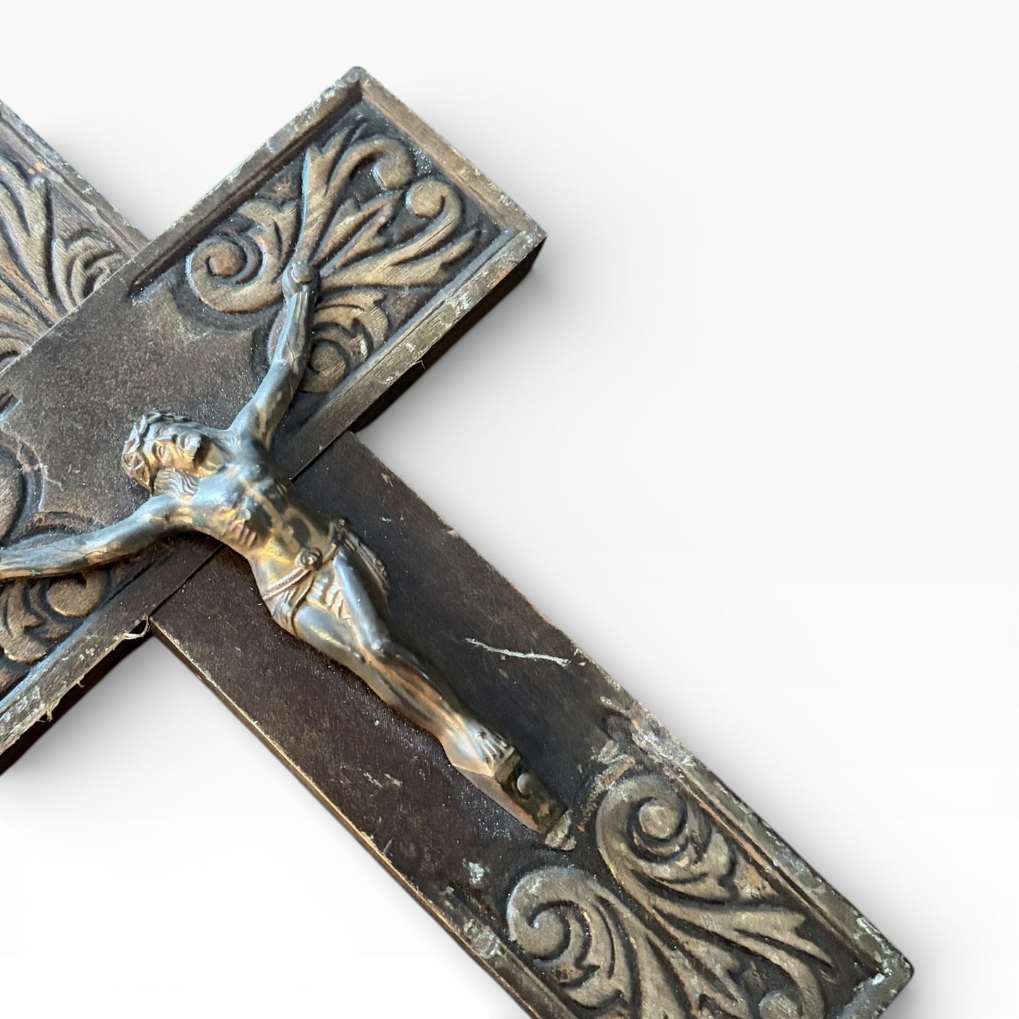 1970s Brass & Oak Crucifix Wall Sculpture – Vintage Religious Wall Art