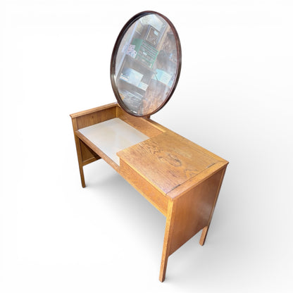 Vintage Dressing Table | Mid Century Furniture - Light Oak Vanity Desk With Hidden Storage