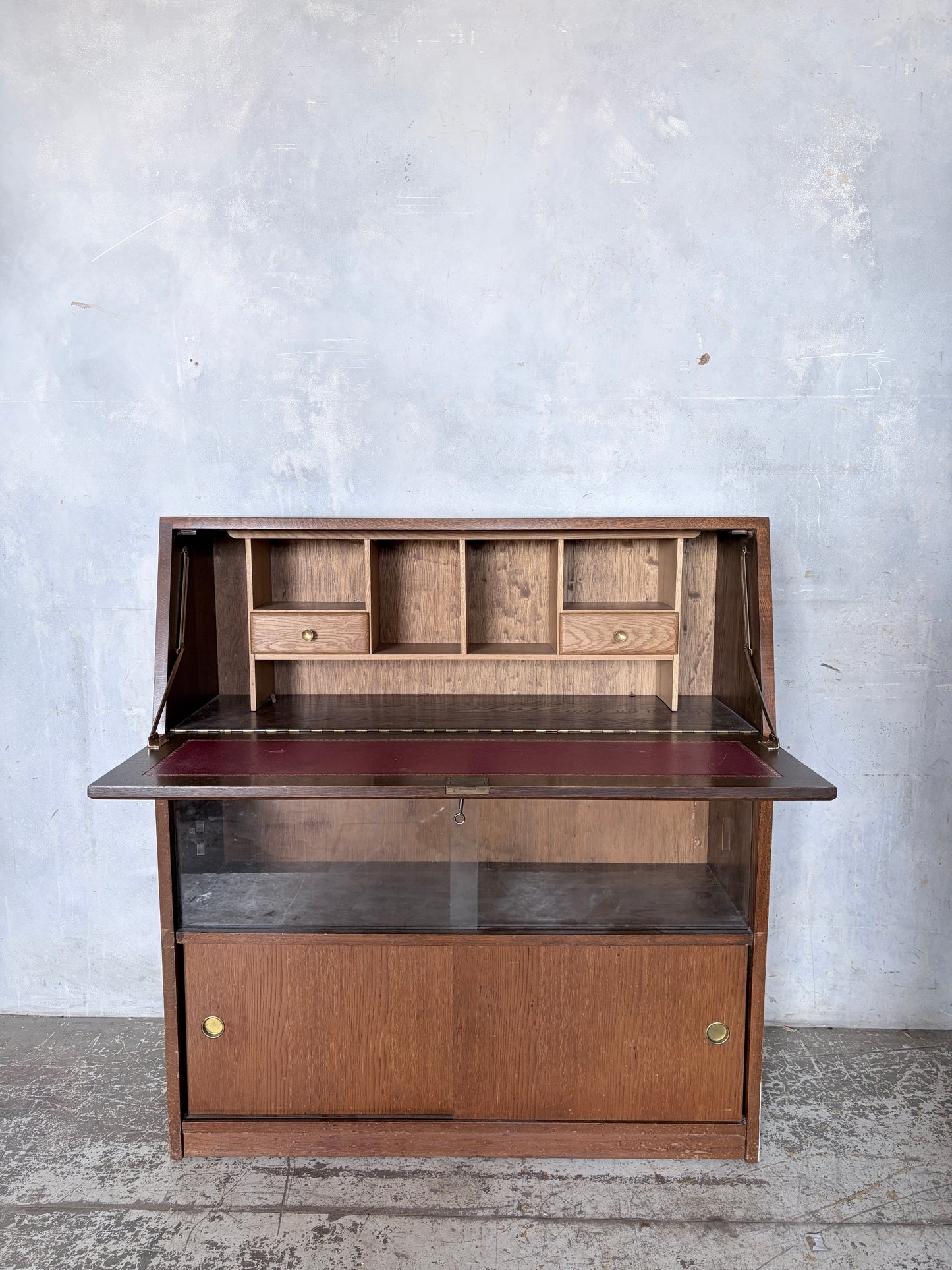 Vintage Mid Century Oak Bureau Cabinet with Sliding Doors
