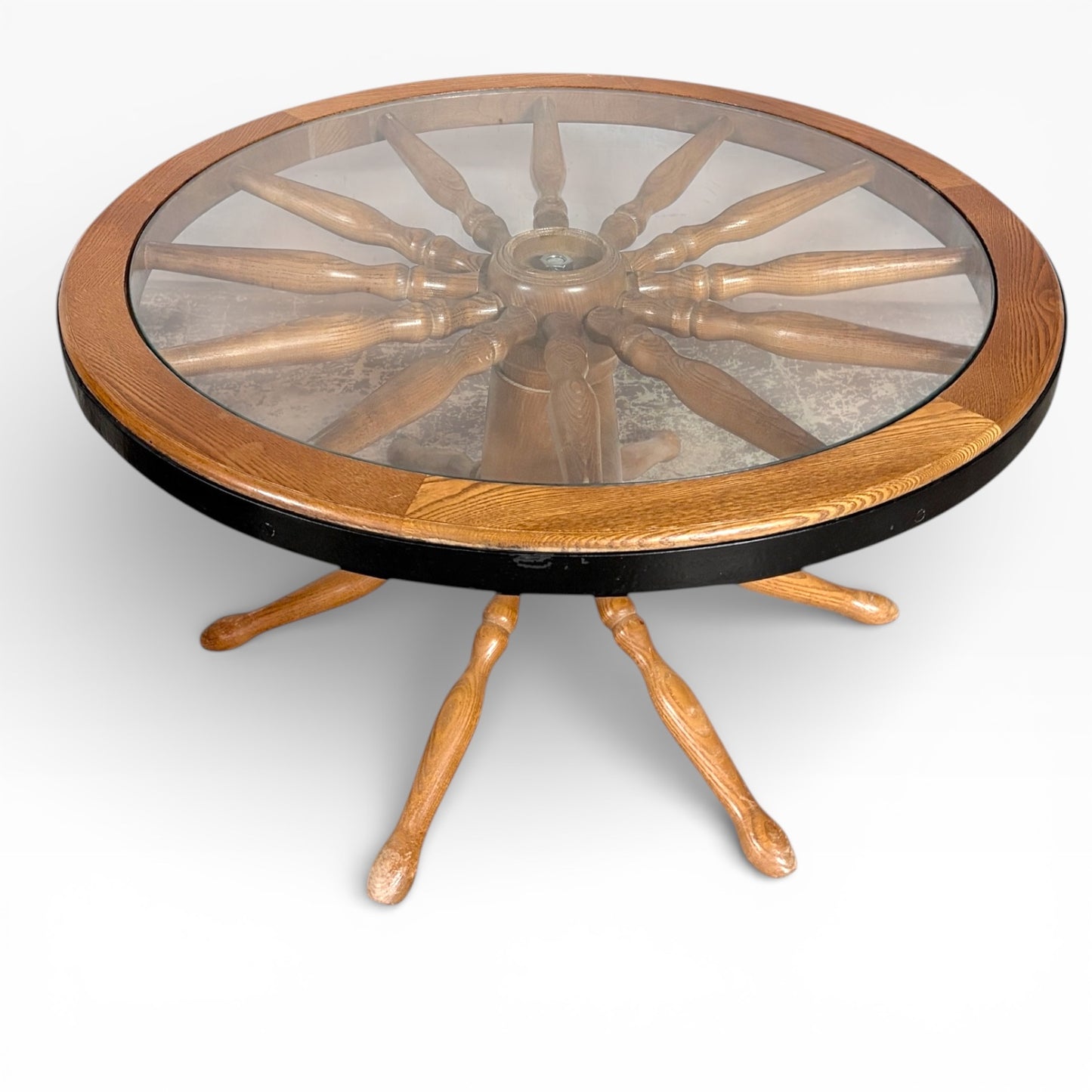 Vintage Ship Wheel Table – Elm and Oak Nautical Coffee Table with Glass Top