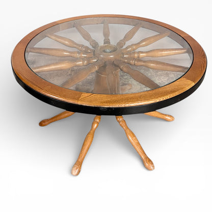 Vintage Ship Wheel Table – Elm and Oak Nautical Coffee Table with Glass Top
