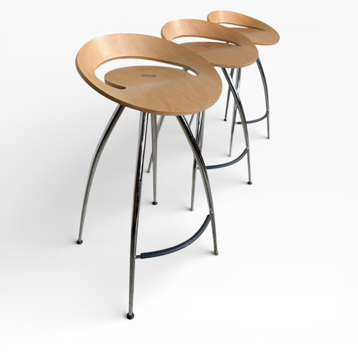 Mid Century Bar Stools – Magis Lyra Italian Chrome & Beech Wood Set of Three