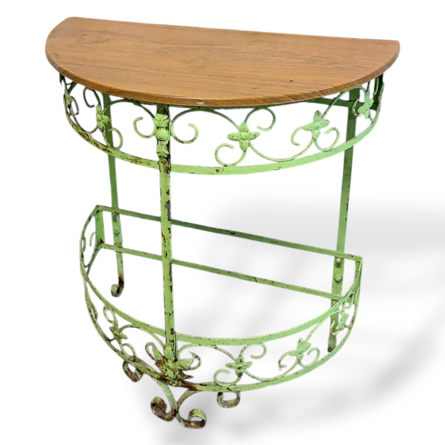 Vintage Wrought Iron Demi-Lune Console Table with Wooden Top — view 6