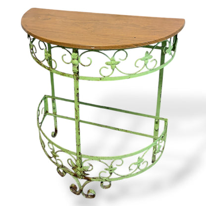 Vintage Wrought Iron Demi-Lune Console Table with Wooden Top — view 6