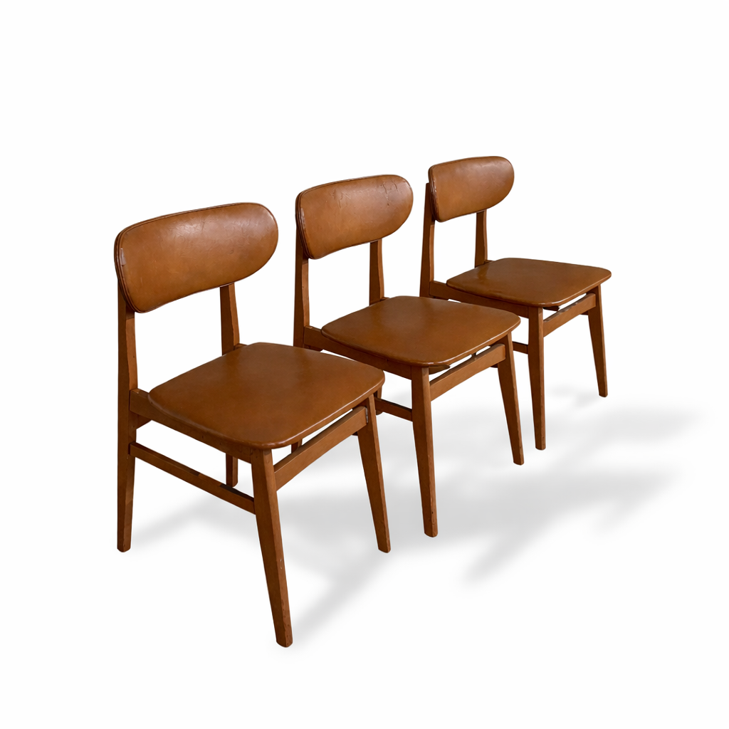 Set of Three Schreiber Dining Chairs – Mid Century Teak & Vinyl Chairs