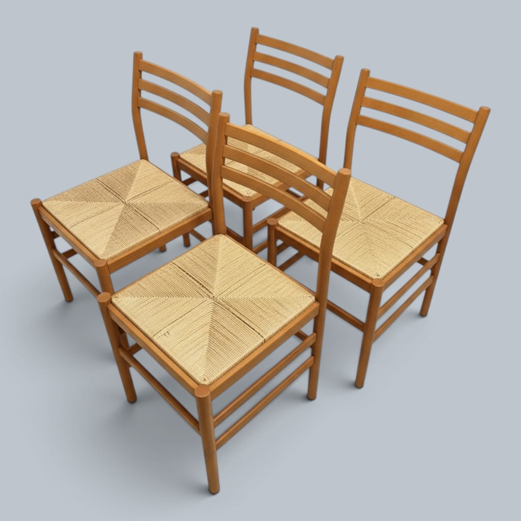 Vintage Italian Bamboo & Oak Round Dining Table with Four Beech & Rattan Chairs