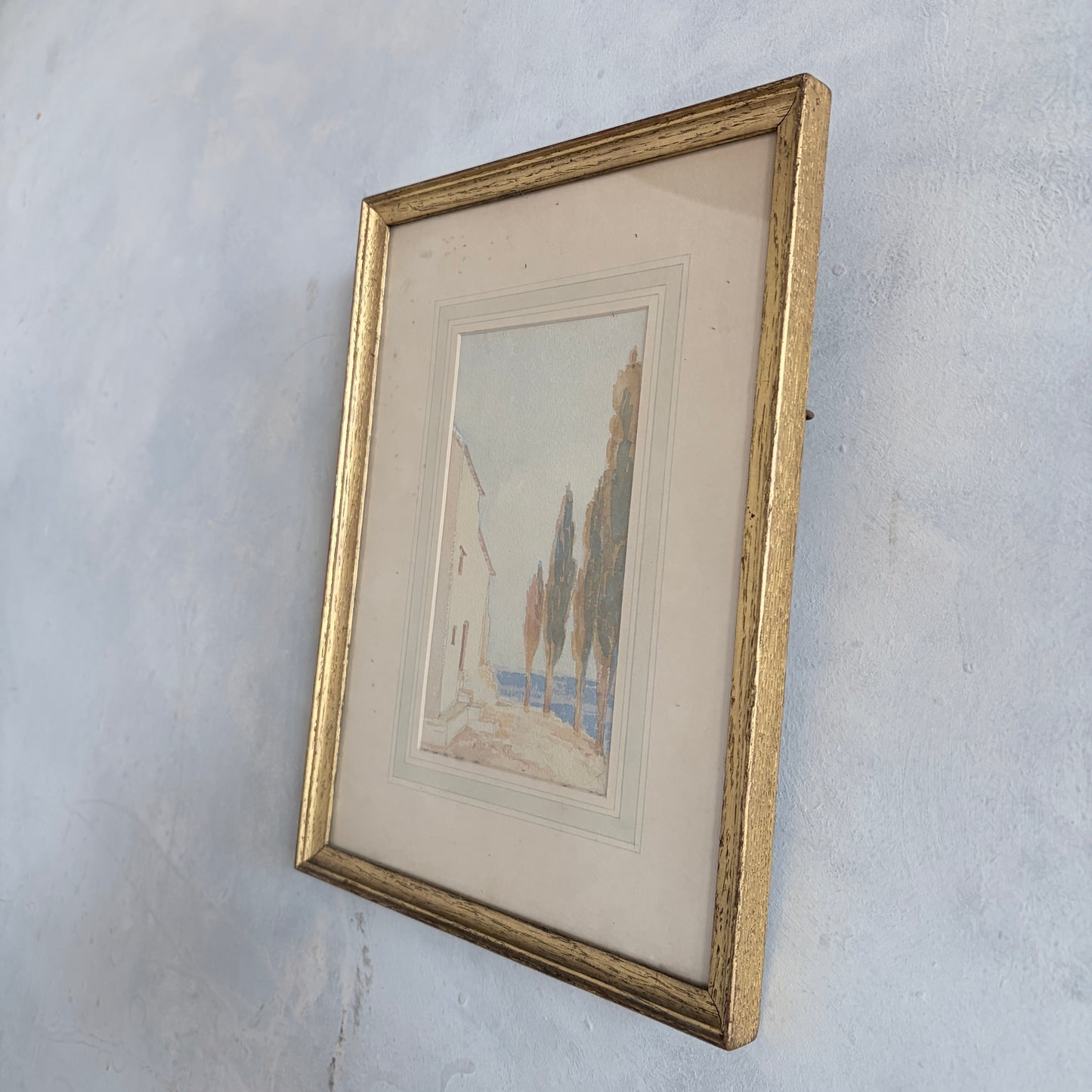 Framed Vintage Watercolour – Dreamy Coastal Scene in Gilt Frame