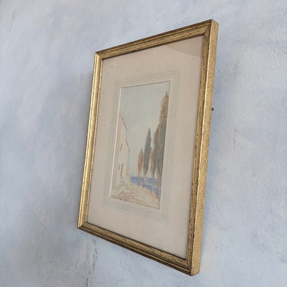 Framed Vintage Watercolour – Dreamy Coastal Scene in Gilt Frame