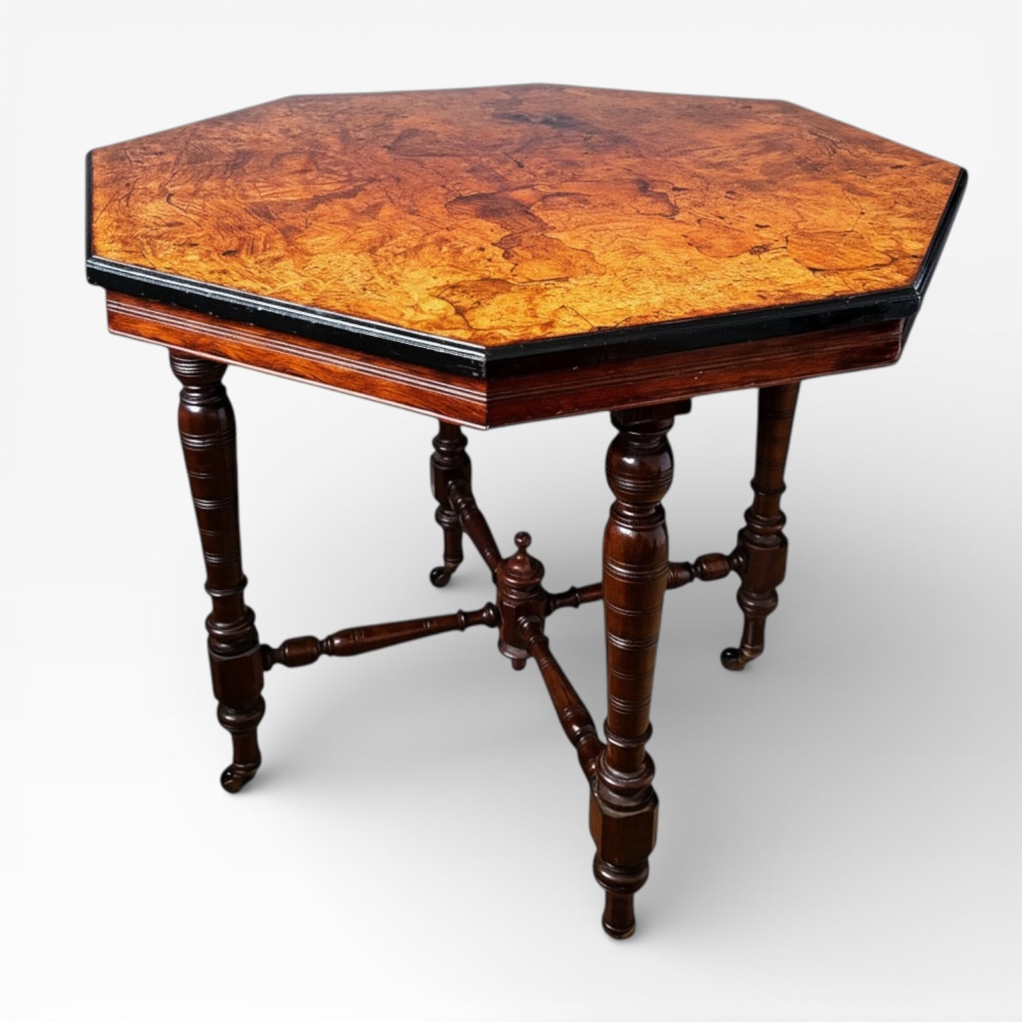 Antique Burr Walnut Table | Compact Octagonal Dining Table with Ebonised Edge & Mahogany Base