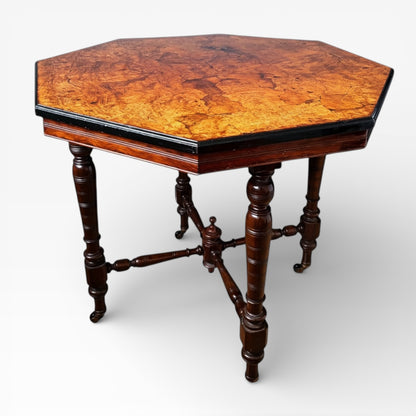 Antique Burr Walnut Table | Compact Octagonal Dining Table with Ebonised Edge & Mahogany Base