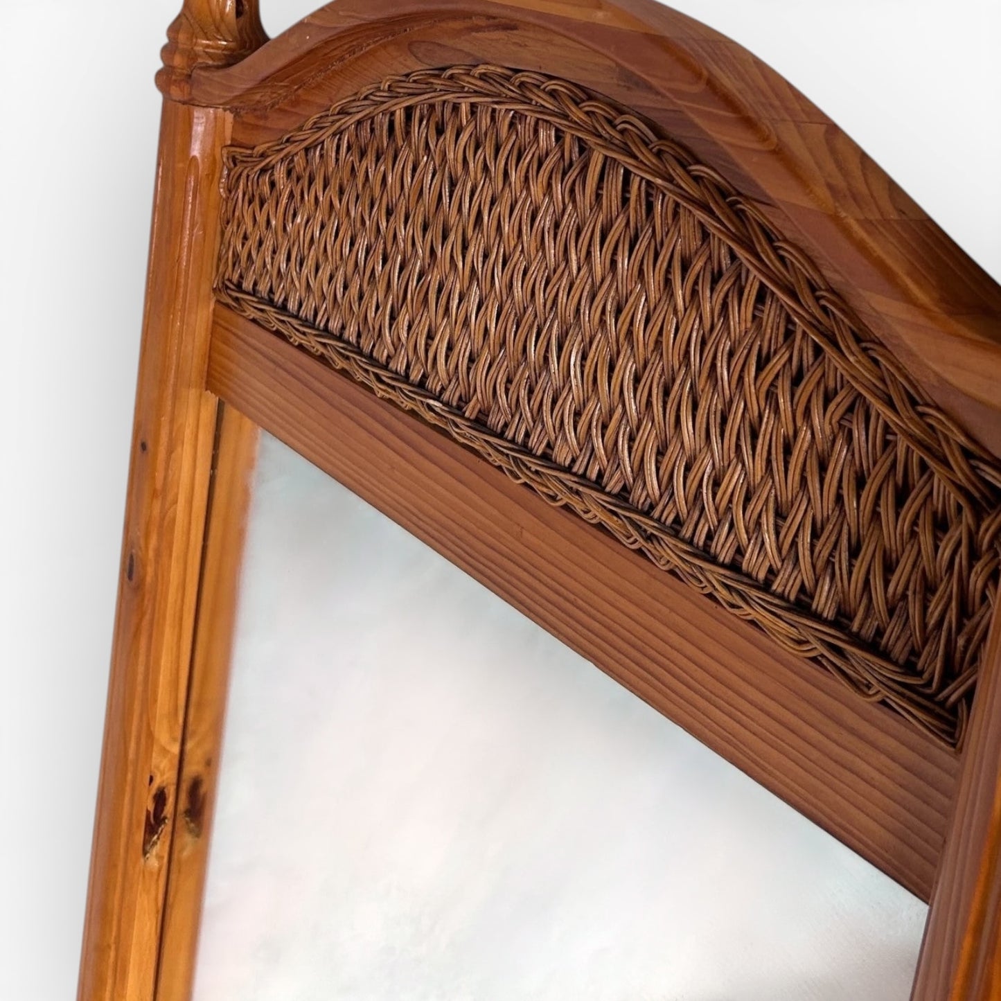 Antique Farmhouse Mirror – Large English Pine Rustic Wall Mirror with Arched Wicker Panel