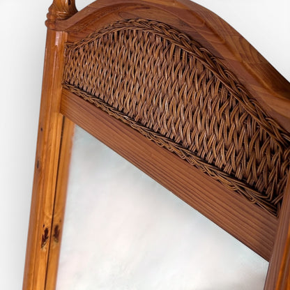 Antique Farmhouse Mirror – Large English Pine Rustic Wall Mirror with Arched Wicker Panel