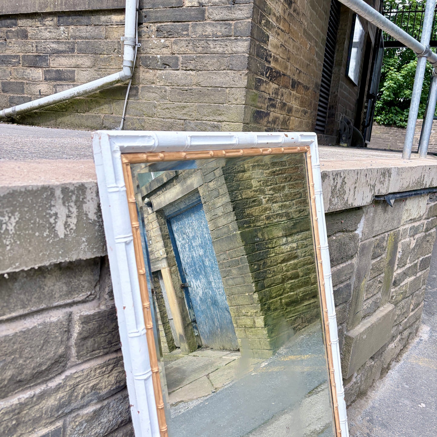 Mid Century Tall Faux Bamboo Floor Mirror in White & Gilt