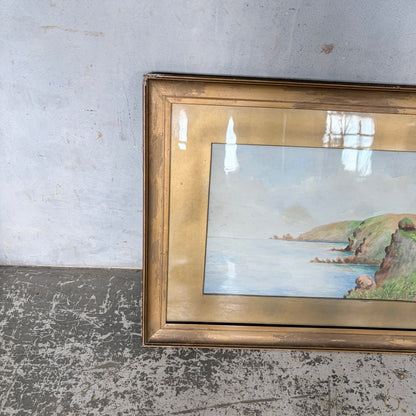 1950s Coastal Watercolour Landscape Painting in Original Gilt Frame