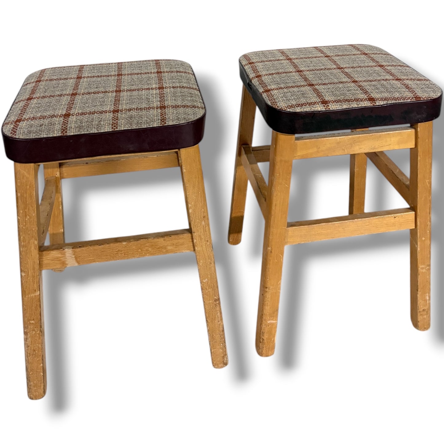 Mid Century Stools - Pair of Vintage Oak Tweed Upholstered Footstools 33cm