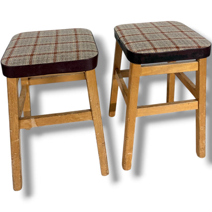 Mid Century Stools - Pair of Vintage Oak Tweed Upholstered Footstools 33cm