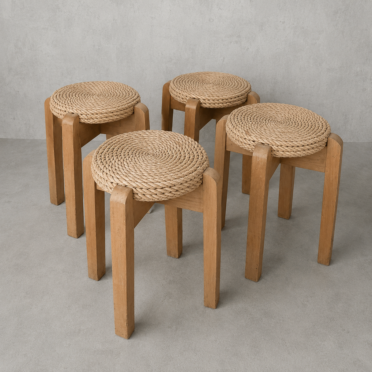 Mid Century Set of Four Stackable Rush Woven Stools