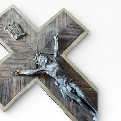 1970s Brass & Oak Crucifix | Vintage Religious Wall Cross