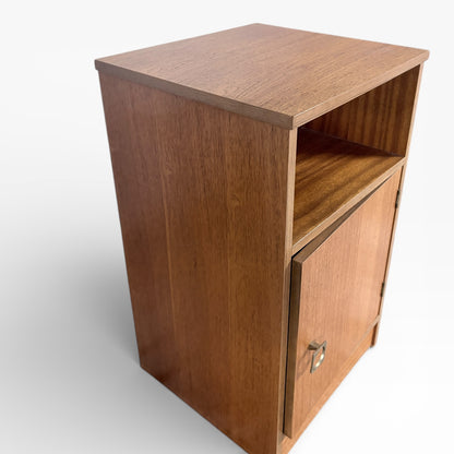 Mid Century Bedside Cabinet | Teak Stag Nightstand with Open Shelf & Cupboard