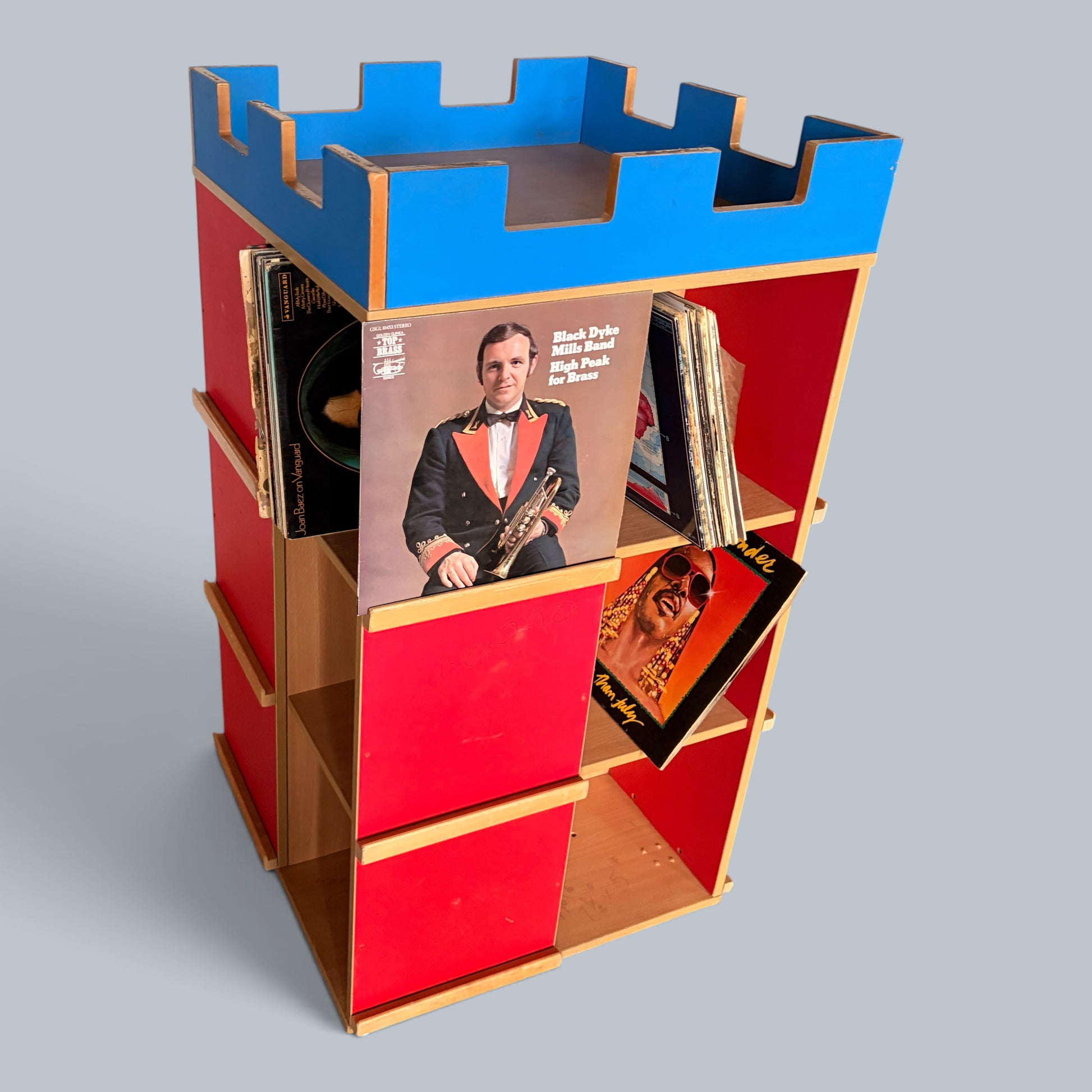 Handmade Postmodern Castle Bookcase & Vinyl Record Storage Unit – Red & Blue