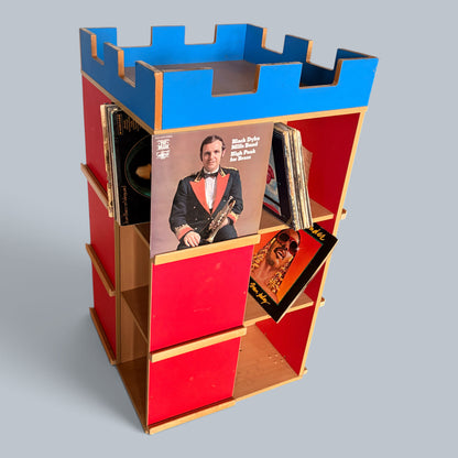 Handmade Postmodern Castle Bookcase & Vinyl Record Storage Unit – Red & Blue