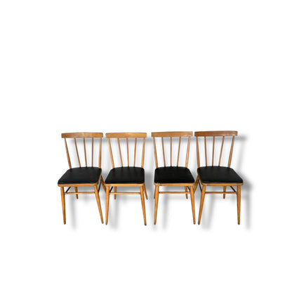 Set of 4 Vintage Stick Back Dining Chairs | Mid-Century Kitchen Chairs with Black Vinyl Seats